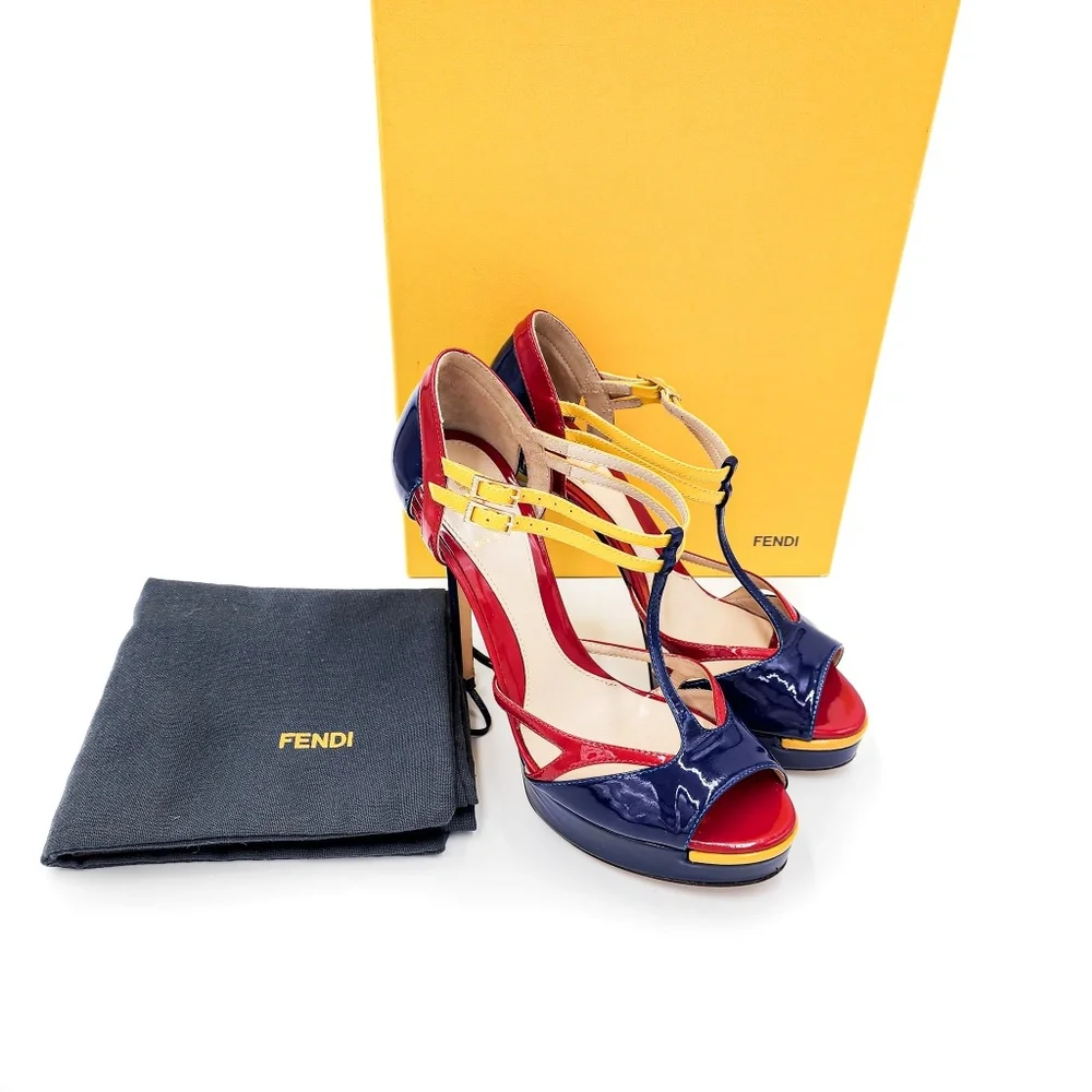 FENDI Navy Red Patent Leather T-Strap Platform Heels EU 36.5 - Picture 10 of 10
